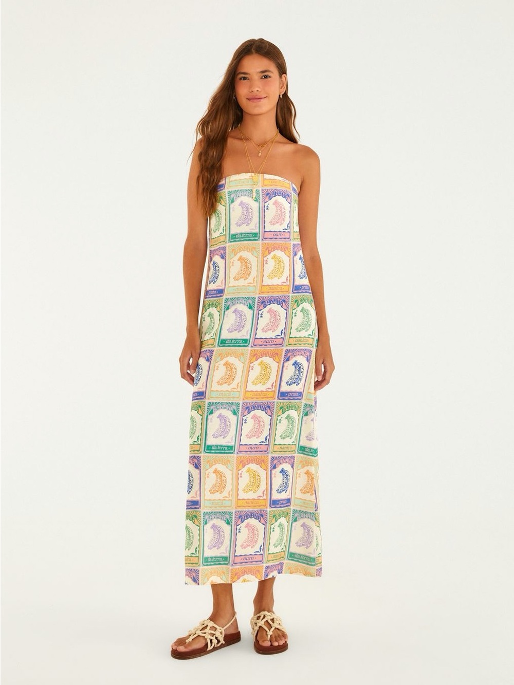 Strapless Multicolor Banana Tile-Print Maxi Swim Cover-Up Dress